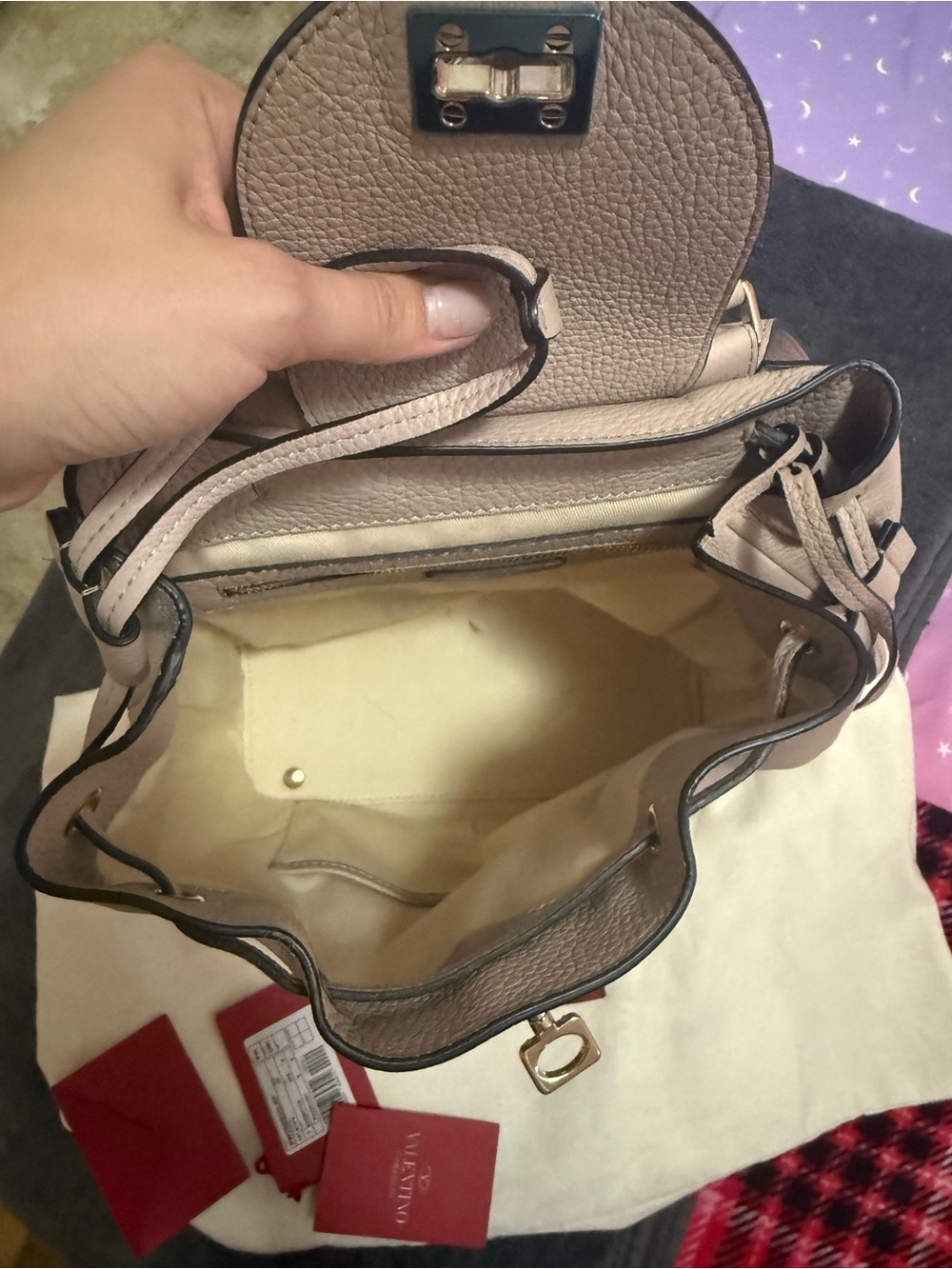 Valentino Garavani Taupe Drawstring Backpack Tote with Gold Hardware - Picture 5 of 9